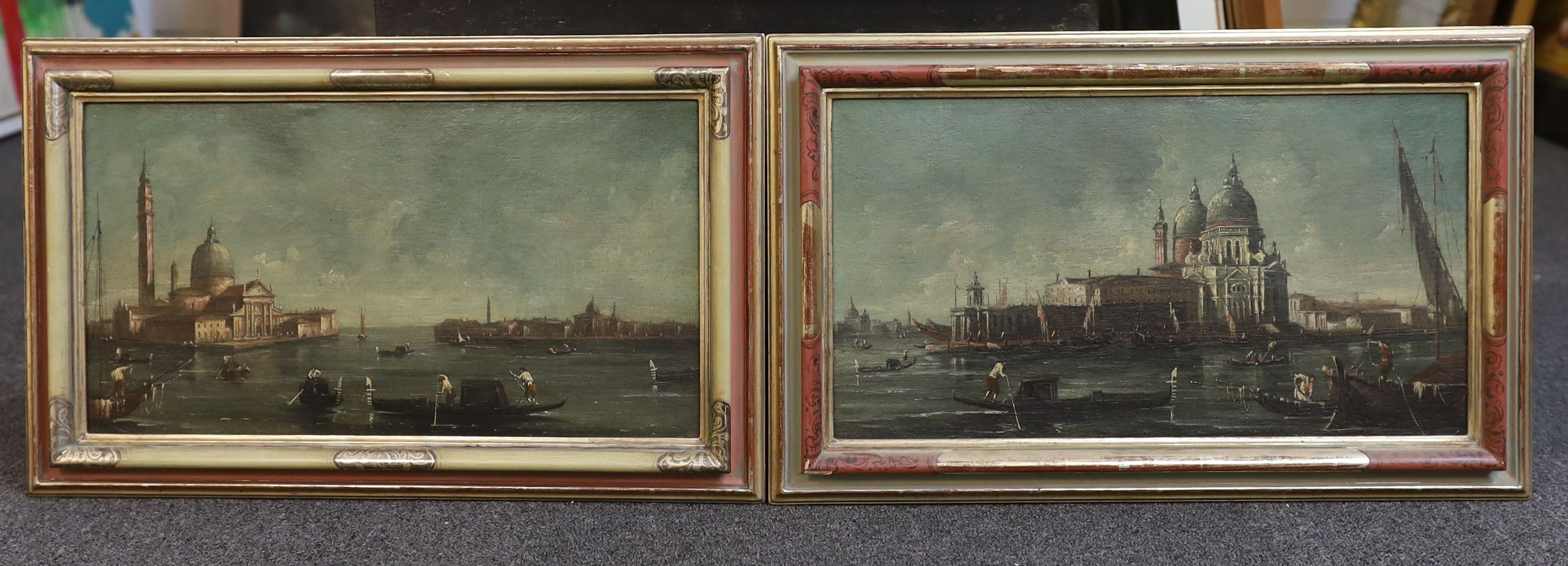 After Francesco Guardi (Italian, 1712-1793), Views of Venice, oil on canvas, a pair, 24 x 44.5cm